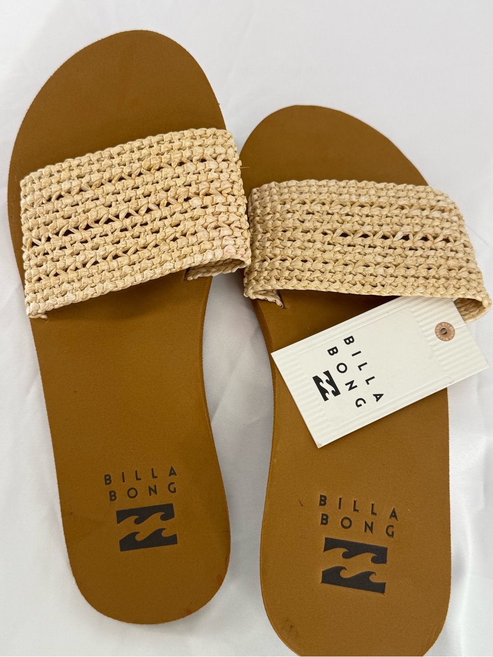 NWT Billabong Adella Slide Sandals Tan Woven Straw Boho Beach Womens Size 6